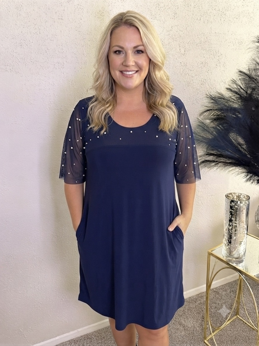 Nina Leonard Navy Blue Dress Size XL Pearl Embellished Mesh Sleeve Shift Dress